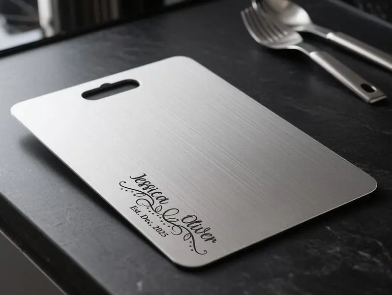 Personalized Titanium Stainless Steel Cutting Board, Custom Engraved Double-Sided Kitchen Board, Wedding & Anniversary Gift