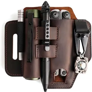 Multitool Sheath for Belt - EDC Belt Organizer - Leather Multitool Holster with Flashlight Holder, Elastic Band Pen Holder and Keychain Clip - Multitool Holder - Multitool Pouch, Darkbrown
