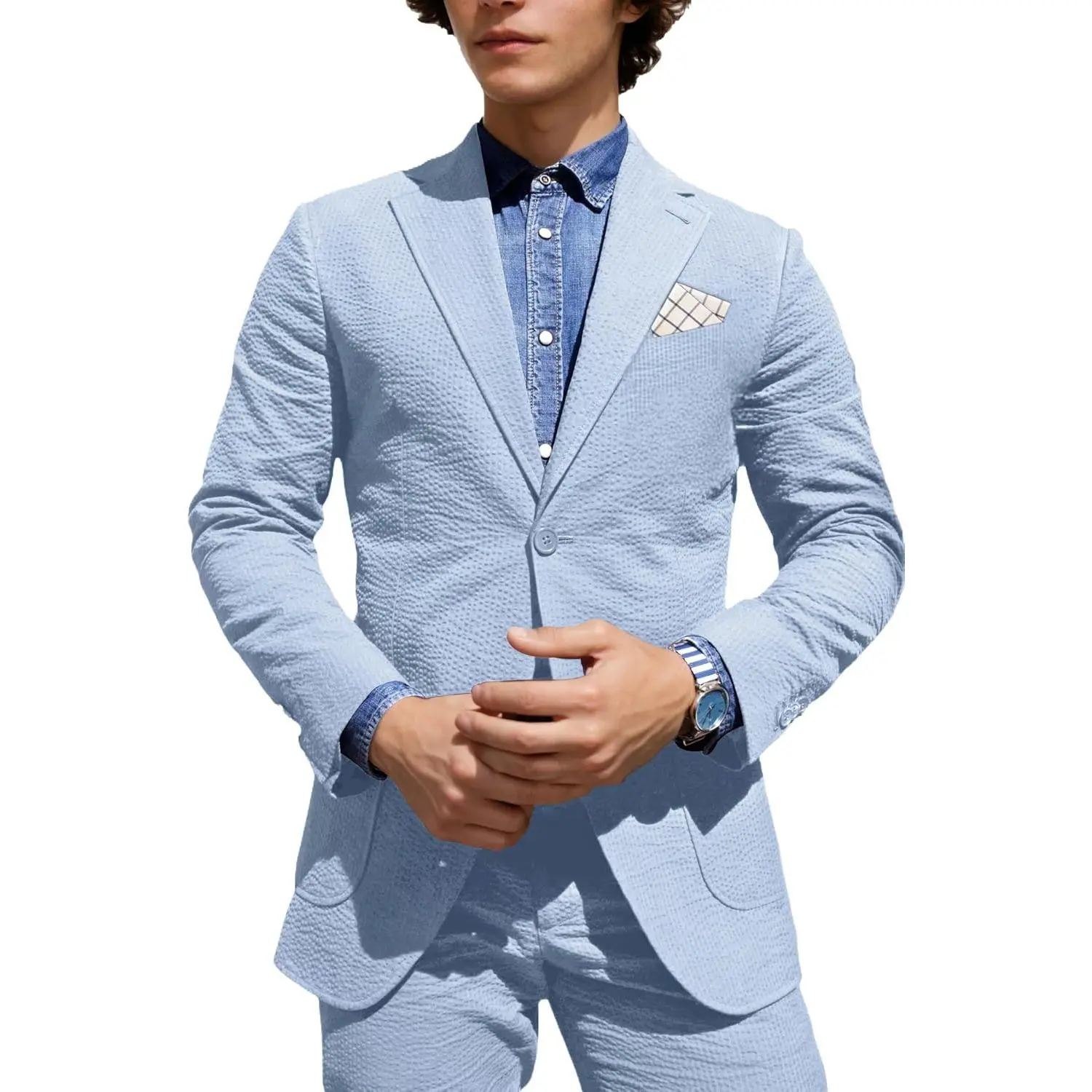 Men's 2-Piece Seersucker Fabric Suit - Slim Fit, Solid Pin Stripe, Menswear Jacket for Summer Beach Wedding, Graduation, Island Events (Formal & Casual), Set, Cotton, Weddings, Three-Dimensional