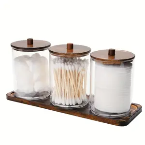 Cotton Swab Storage Set with Bamboo Lid and Tray, Transparent PP Material Bathroom Organizer, Cosmetic Organizer, 3 Cotton Swab Containers, Farmhouse Decor
