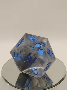 One-of-a-Kind 65mm “Soulfog Chonk” D20 – Handmade Giant DnD Die with Trapped Grey Smoke & Metallic Blue Numbers | Ominous Oversized Dice for Dark Campaigns