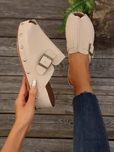 Women's Black Buckle Studded Leather Clogs, Retro Closed Toe Slip-On Mules Footwear