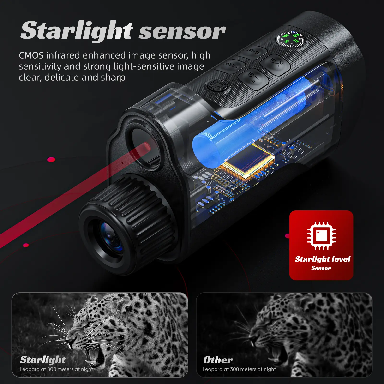 Adult Digital Night Vision Monocular with 2.0-in HD IPS Screen, 5W Infrared Function, 10x Zoom, Built-in Compass, 2000mAh Rechargeable Battery, 800m Range, Ideal for Camping, Hunting, Father's Day Gifts