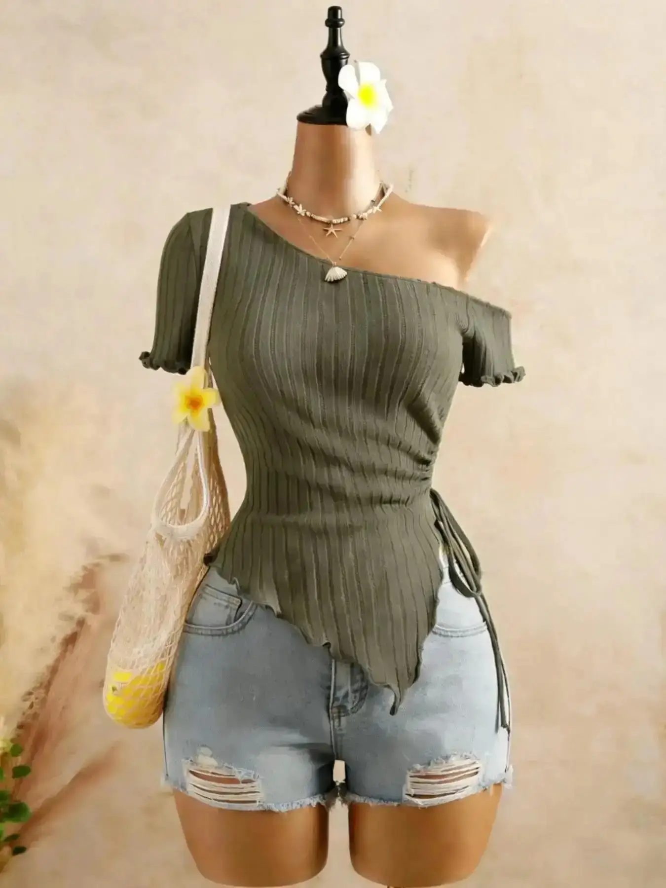 Summer Essential: Sexy Asymmetric Off-Shoulder Side Tie Adjustable Top Asymmetrical Feminine Ruffle Hem Short Sleeve T-Shirt Women's Casual Wear essential basic, Stylish, Trendy, Elegant