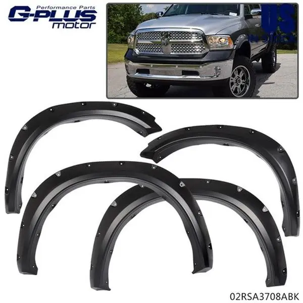 G-PLUS Pocket-Style Rivet Bolt-On Fender Flares, Polypropylene, Black, Fits 09-22 Dodge Ram 1500, Protects Wheel From Mud