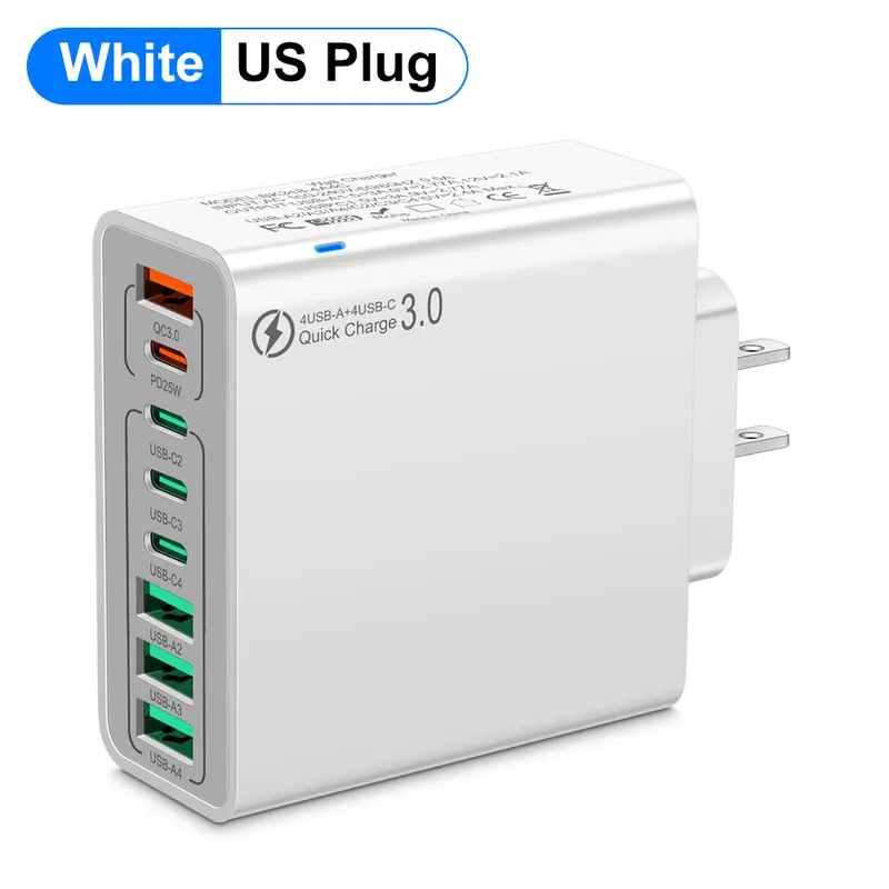 8-Port Fast Charging USB Hub (4 USB-C + 4 USB-A) Portable Smart Charger for Multiple Devices Smart Charger for Phones, Tablets & More