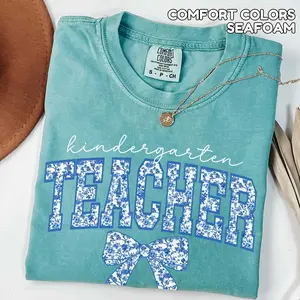 Comfort Colors Toile Kindergarten Teacher Shirt Bow Kindergarten Team tee Matching Back to School Group Shirt First Day Of School Teacher Knit Top Womenswear Check