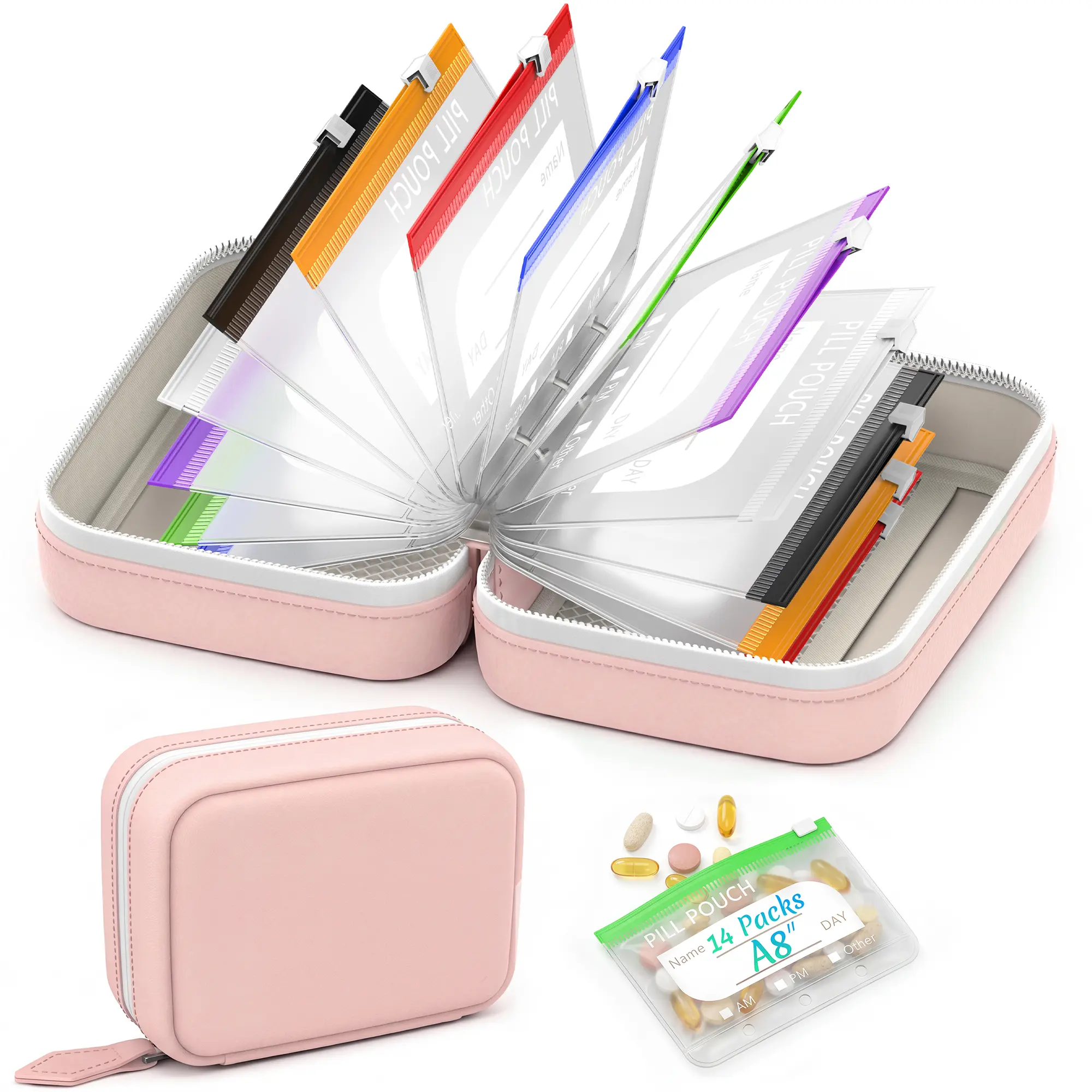 A8 Waterproof Pill Pouch Organizer, Large Weekly Medicine Storage Set with 14 Color-Coded Zipper Pouches, Reusable Travel Pill Case for Vitamins, Fish Oil and Supplements