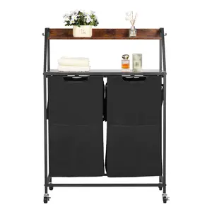 VEVOR XYL07 Model 2-Tier Carbon Steel Frame Laundry Sorter, Tall Hamper with Wooden Tabletop, 2-Bag Waterproof 600D Oxford Cloth Rolling Organizer, Lockable Wheels, Pull Handles & Ladder Shelves for Dirty Clothes