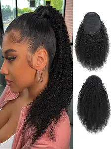 Human Hair Afro Kinky Curly Ponytail Drawstring Ponytail for Women Afro Puff Drawstring Ponytail Extension Human Hair Natural Black 16 Inch Glueless kinky curly Curly Hair Extensions Curly Wavy Hairpieces