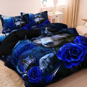 Lion, Leopard,Wolf,Animal& Rose Print Bedding Set, 3 Counts/set Including 1 Duvet Cover & 2 Pillowcases without Filler, Soft Comfortable Bedding Set for Home Bedroom