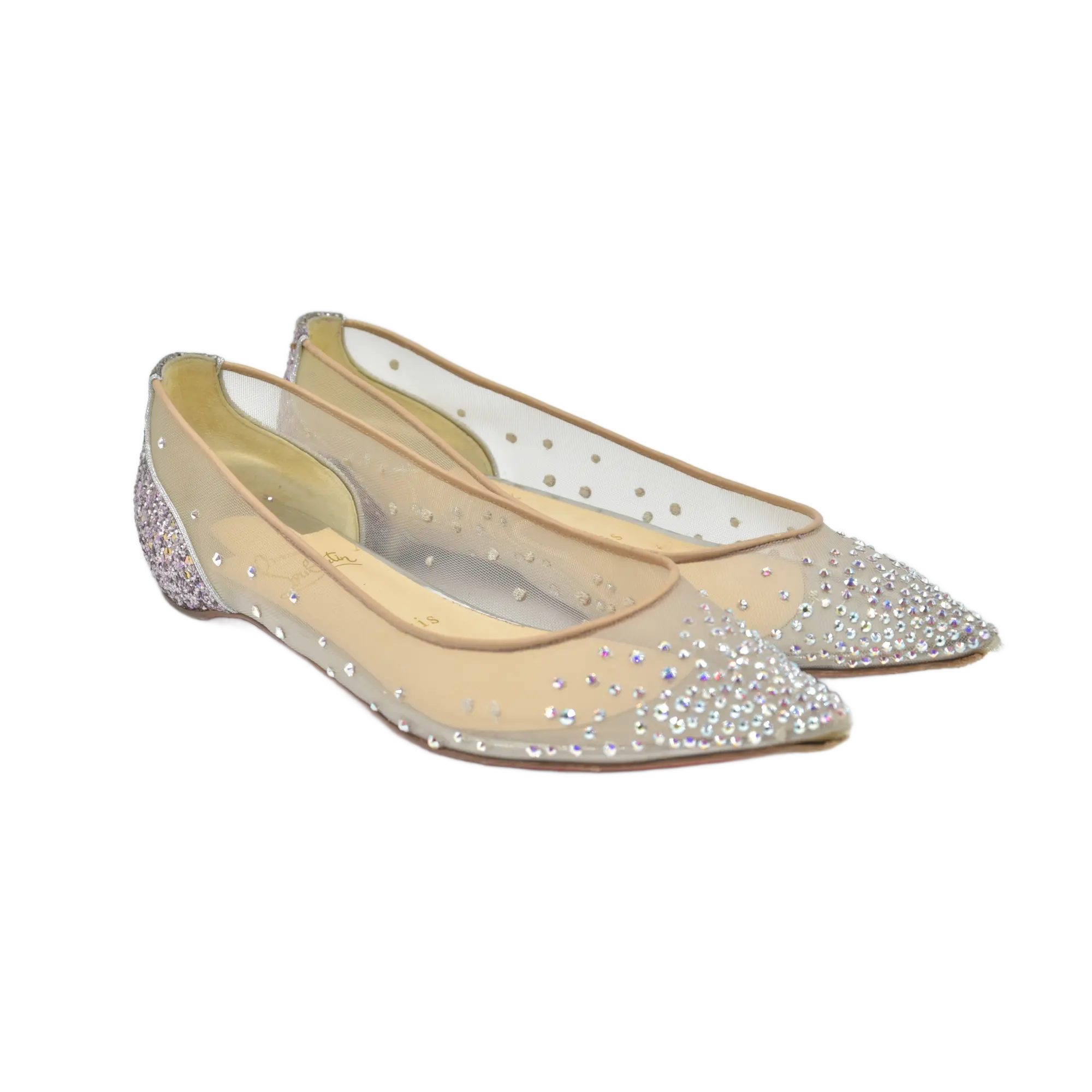 $1245 Christian Louboutin Crystal Strass Follies Flats 36.5 Silver