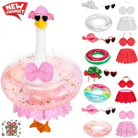 Whimsical Tropical 4-Piece Hawaiian Ornaments Set for 23" Cement/Plastic Lawn Goose Statues - Sun Hat, Heart Sunglasses, Pool Swimming Ring, Adjustable Strap, Soft Fabric, Outdoor Decor, Garden Decoration (Statue Not Included)