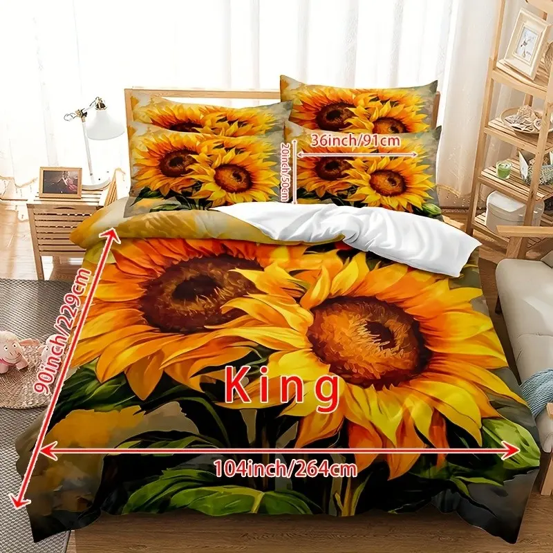 3-Piece Sunflower Down Comforter Set, Includes 1 Duvet Cover & 2 Pillowcases, Soft Breathable 5D Print Sunflower Pattern Bedding, Ideal for Living Room or Bedroom Decor