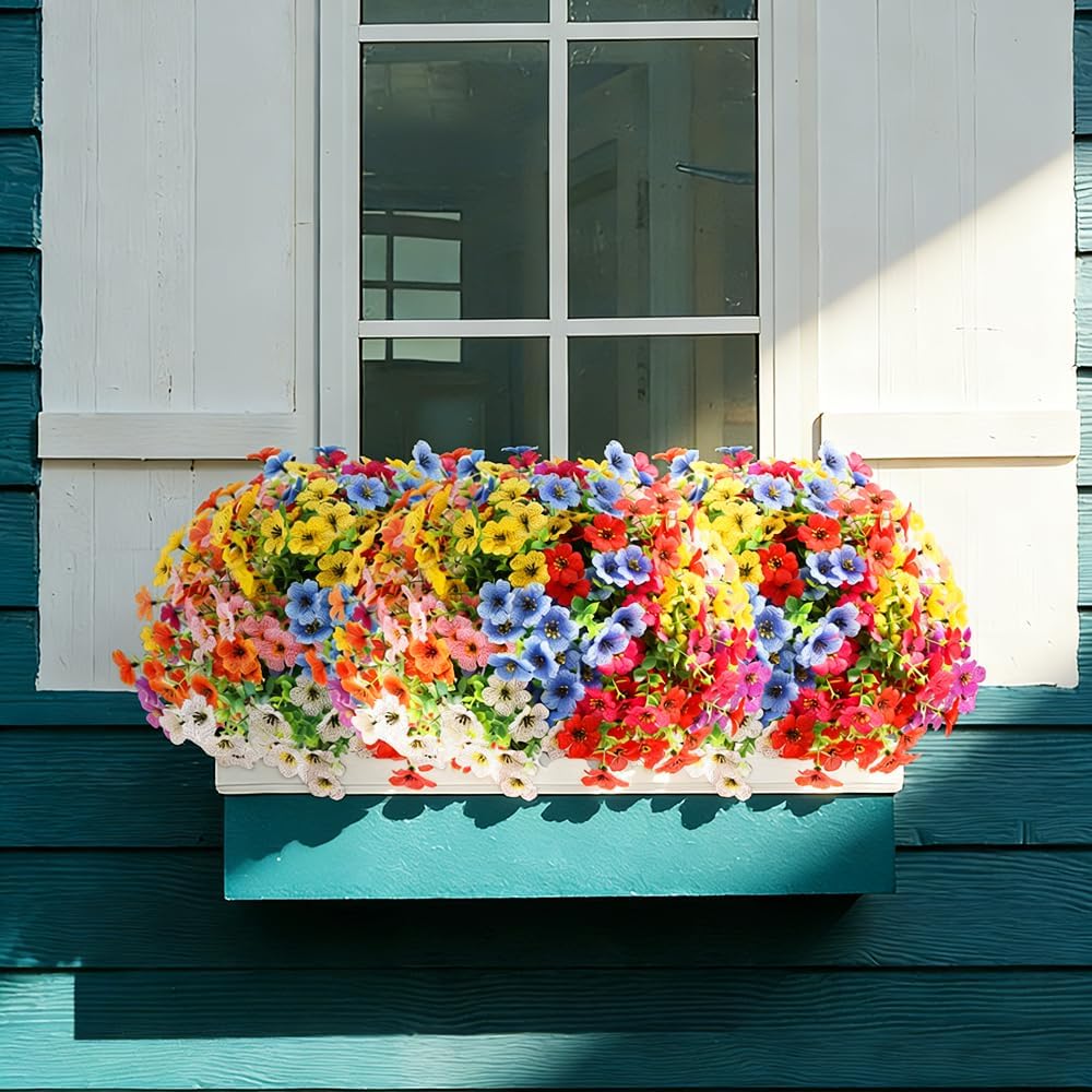 Lifelike Fade-Proof UV-Resistant Artificial Daisy Flowers with Eucalyptus - 8 Bundles, 4 Mixed Colors, Outdoor Indoor Home Decor for Planters, Front Door, Lifelike Look