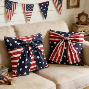 American Independence Day Memorial Bow Polyester Pillowcase, Striped Star Bow Dual-Sided Pillow Pad, Room Decor, Bedroom Decor, 2pcs