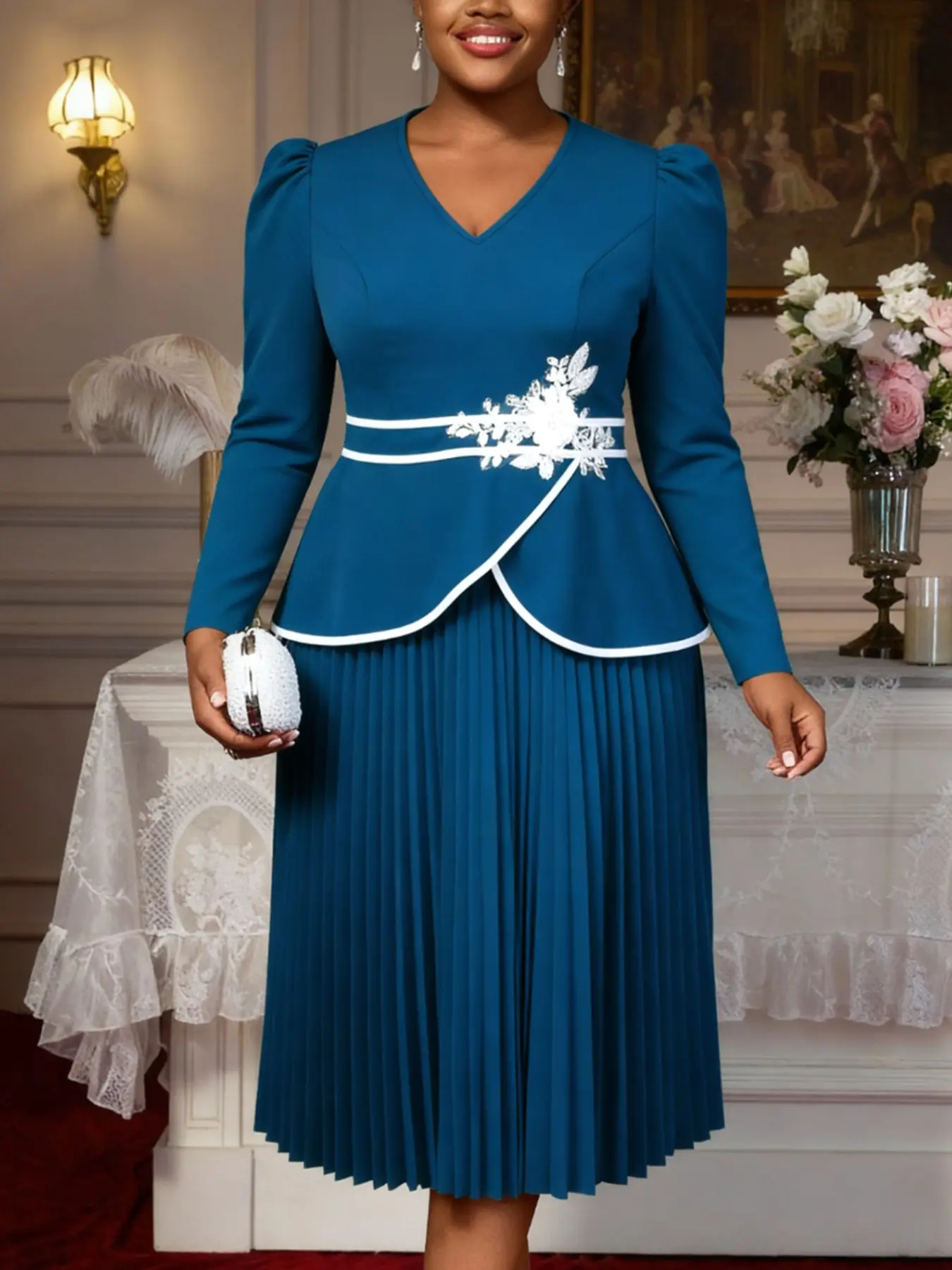 AOMEI Women's Elegant Chic Applique Long Sleeve Pleated Dress V Neck Peplum Midi Spring Wedding Guest Dresses Church Outfits Womenswear Lady