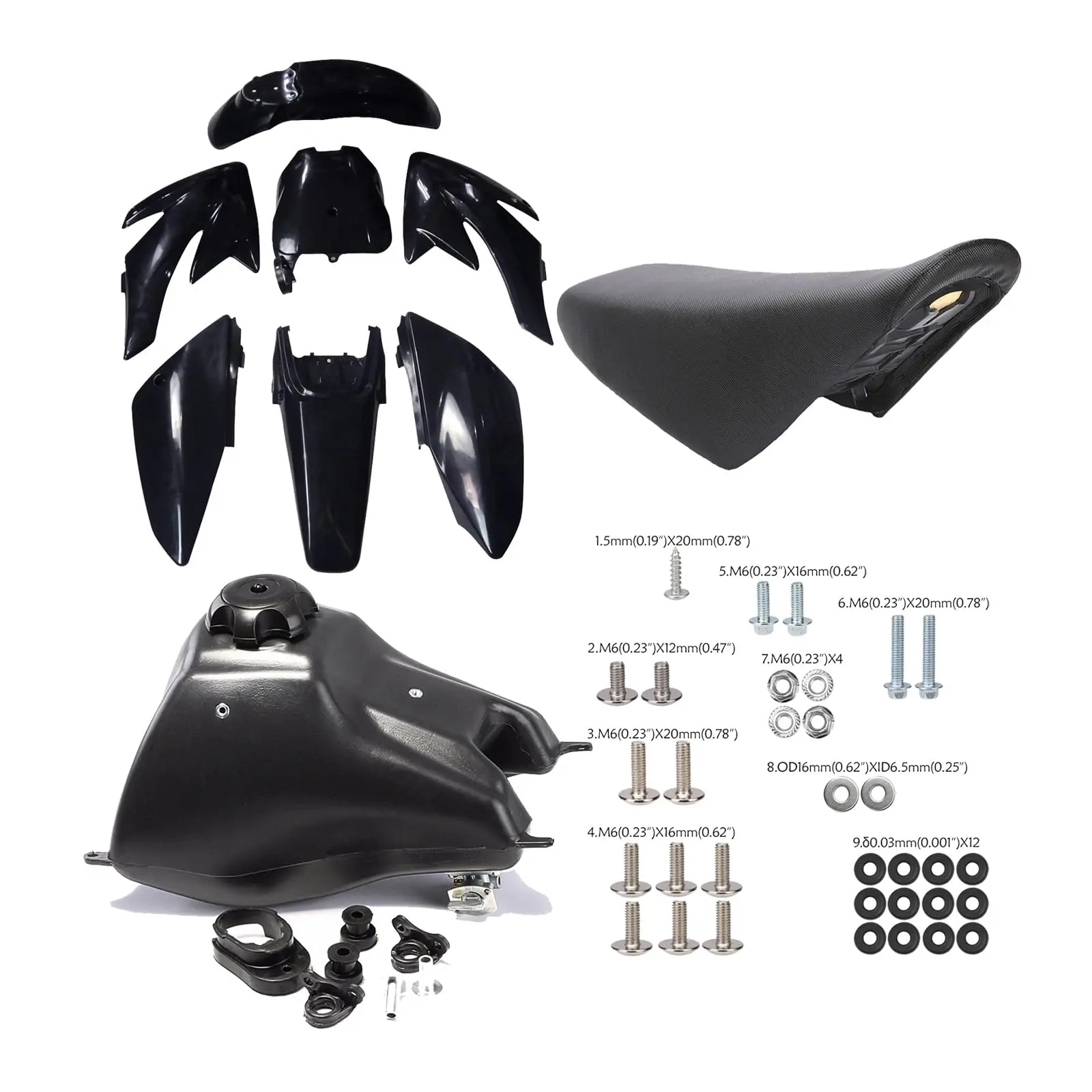 Motorcycle Plastic Fender Fairing Kit with Fuel Tank and Tall Seat Bolts for Mini Pit Dirt Bike CRF70, CRF70F, XR70, Taotao DB17, Thumpstar