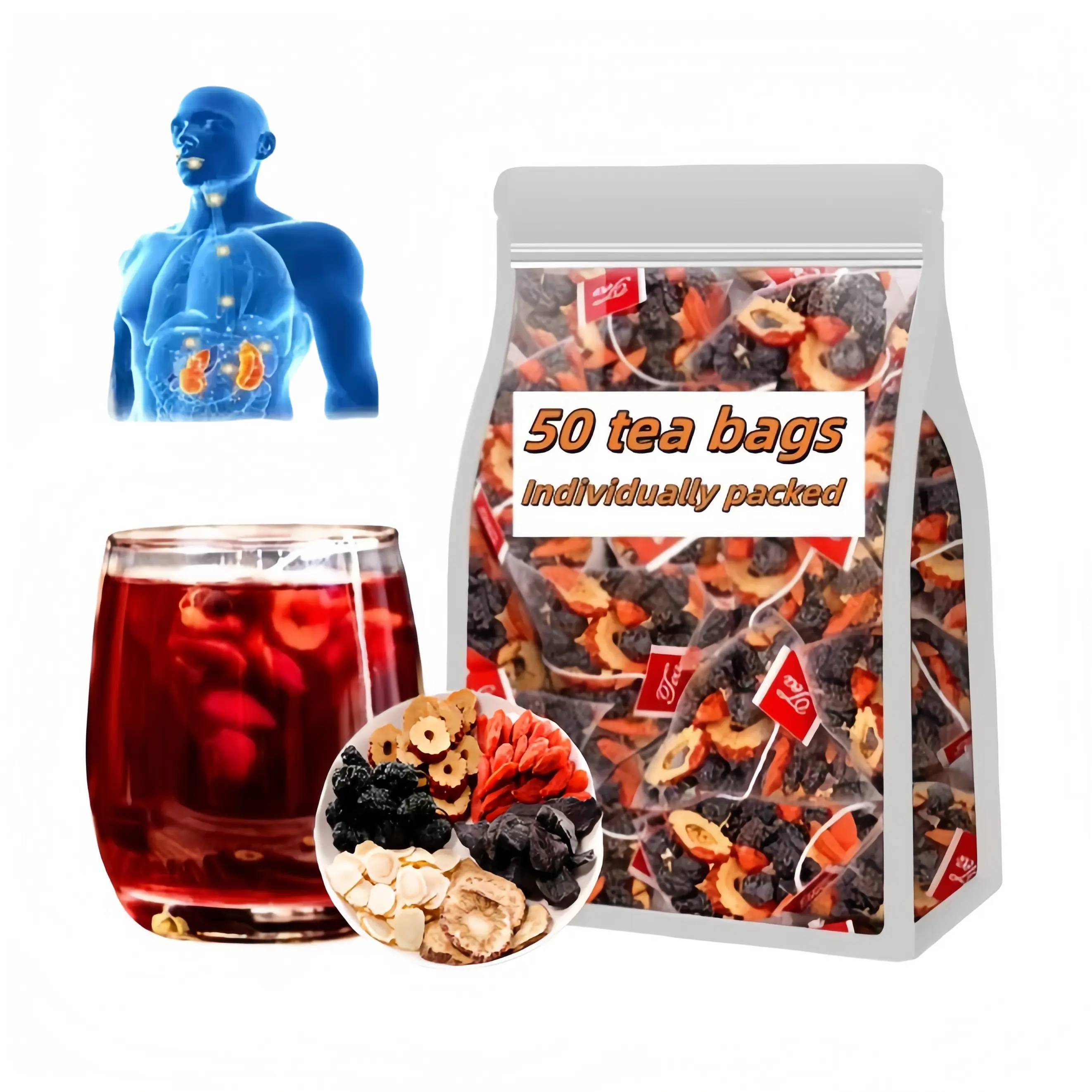 Kidney Tea Formula Ginseng Five Treasures Tea, Ginseng Red Dates Organic Herbal Tea Kidney Cleanse Tea for Women & Men, Nnatural Ingredients Sweet Taste and Aroma