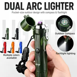 Outdoor waterproof lighter with emergency lighting, dual arc rechargeable lighter, and compass. High-Lumen Flashlight dad memorialday