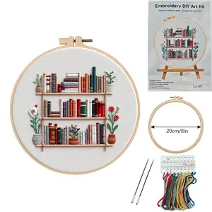 Book & Potted Plant Pattern Embroidery Kit, 1 Set DIY Embroidery Kit with Tools, Cross Stitch Kit for Beginners, DIY Embroidery Supplies, Embroidery Craft, Handicraft