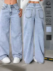 High Waist Blue Wide Leg Jeans for Women, Multi-Functional Loose Fit, Button Detail, College Style Fashion Bottoms