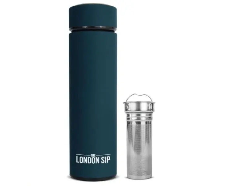 London Sip Multi-Purpose Tea Infuser Travel Mug and Tumbler Fruit Infuser Flask Hot and Cold Double Wall Stainless Steel Thermos with Extra-Long Infuser, Midnight Teal
