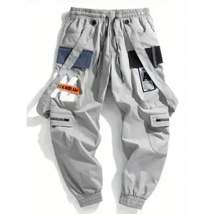 [Loose Fit Cargo Pants Joggers] Men's Multi-Pocket Cargo Pants - Lightweight Polyester, Loose Fit with Drawstring Waist & Zippered Pockets, Casual & Sporty Joggers for Students, Machine Washable, Gray, Jogging Pants