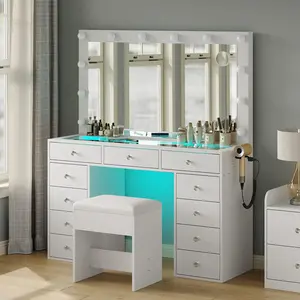 Vanity Desk with Tempered Glass Top & Power Outlet, 11 Drawers Vanity Table with 3 RGB Drawers & Chair, Makeup Vanity with 12 LED Lights, Dressing Table for Bedroom Dressing RoomGift