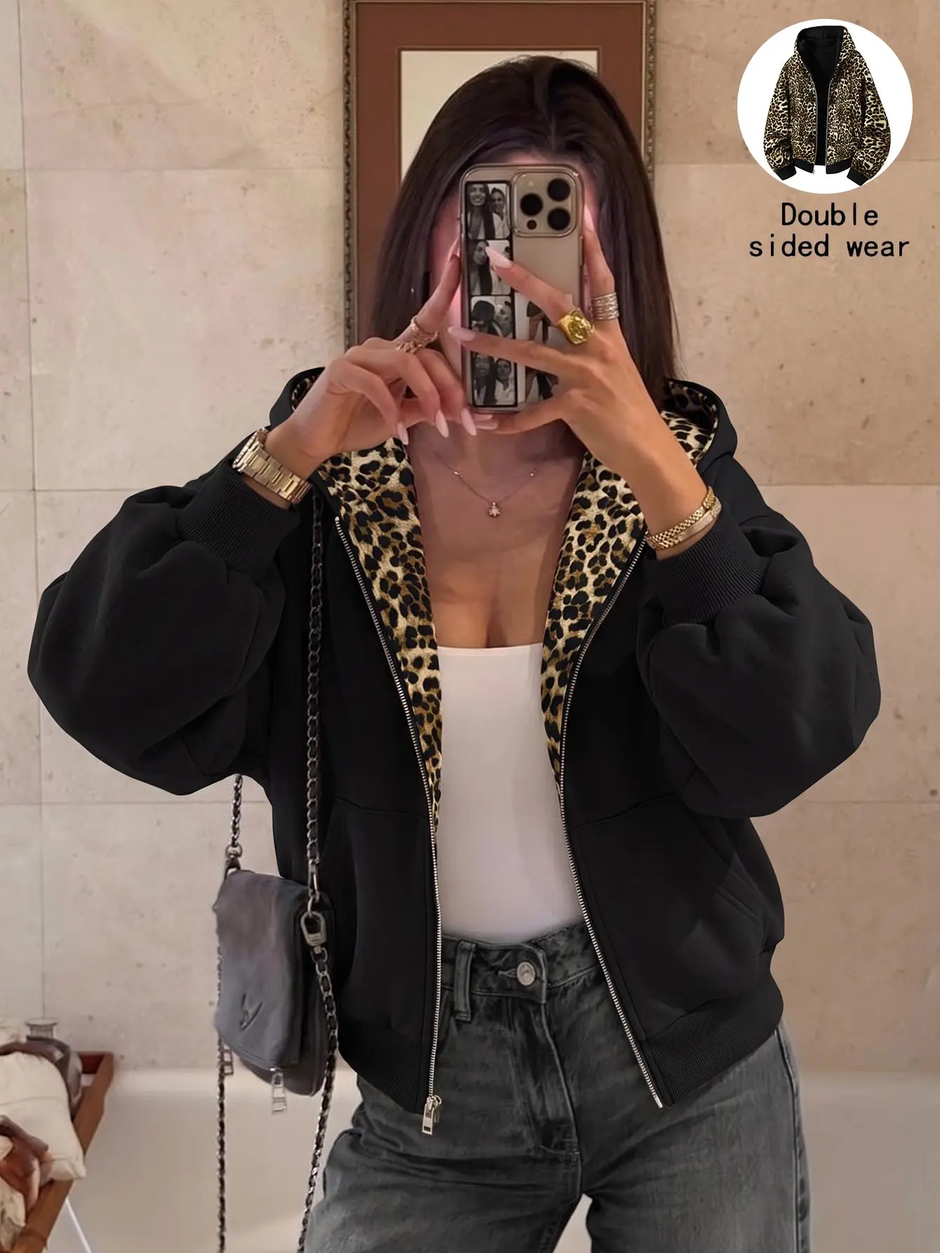 Women’s cotton double-sided zip-up hooded jacket with leopard print lining; solid-color outer layer with leopard print lining on both sides; soft, durable fabric with deeper side pockets; long-sleeve casual hoodie.Loose long-sleeve vintage street-style ca