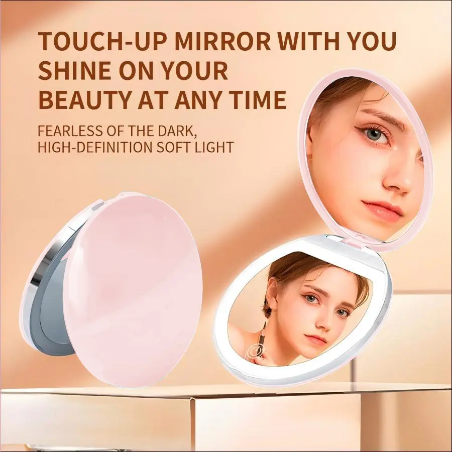 Magnifying Cosmetic Pocket Mirror, 1X/2X Magnification LED Compact Travel Makeup Mirror with Lights for Purse, 2-Sided, Portable, Folding, Handheld, Small Lighted Mirror for Gift