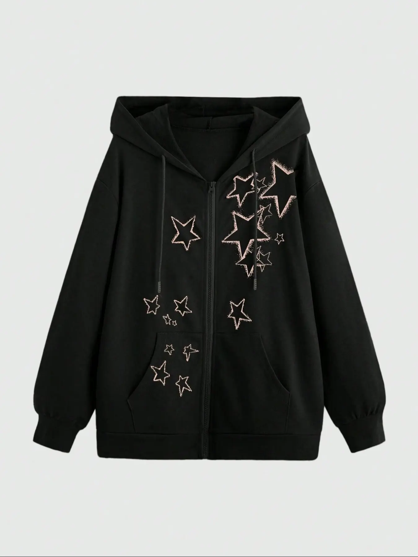 Women's Drawstring Zipper Cardigan, Pocket Design, Star Print, Casual Loose Fit, Fall & Winter Comfortable Warm Sweatshirt, Casual Drawstring Hooded, Drawstring Hooded Top, Casual Hoodie Jacket