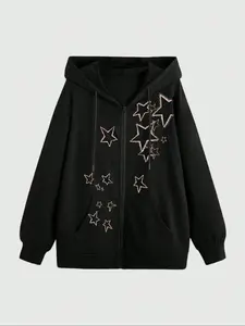 Women's Drawstring Zipper Cardigan, Pocket Design, Star Print, Casual Loose Fit, Fall & Winter Comfortable Warm Sweatshirt, Casual Drawstring Hooded, Casual Hoodie Jacket