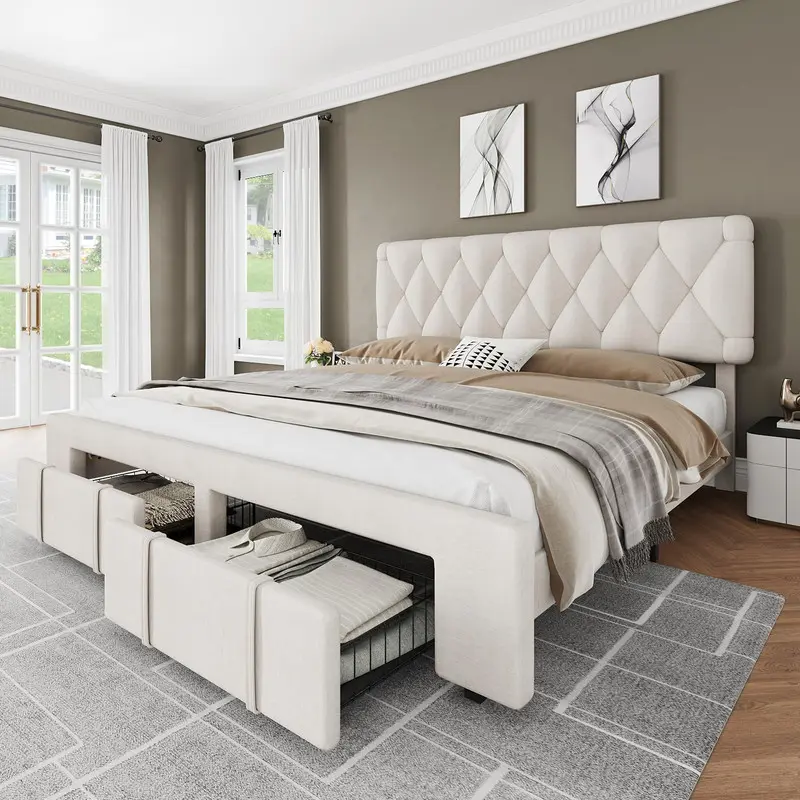 Gaomon Bedroom Bedframe - Full Size Contemporary Bed, Upholstered Design, Soft Foam Backrest, Solid Wooden Slats Support, Silent Mattress Foundation, Roll-Out Drawers, Easy Setup, Supports 1000lbs, Box-Spring Free