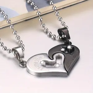 2pcs Stainless Steel Heart-Shaped Pendant Necklaces, 2-Tone Splicing Design, Fashion Light-Luxury Jewelry Set with Synthetic Zircon, Ideal Gift for Couples,summerwins