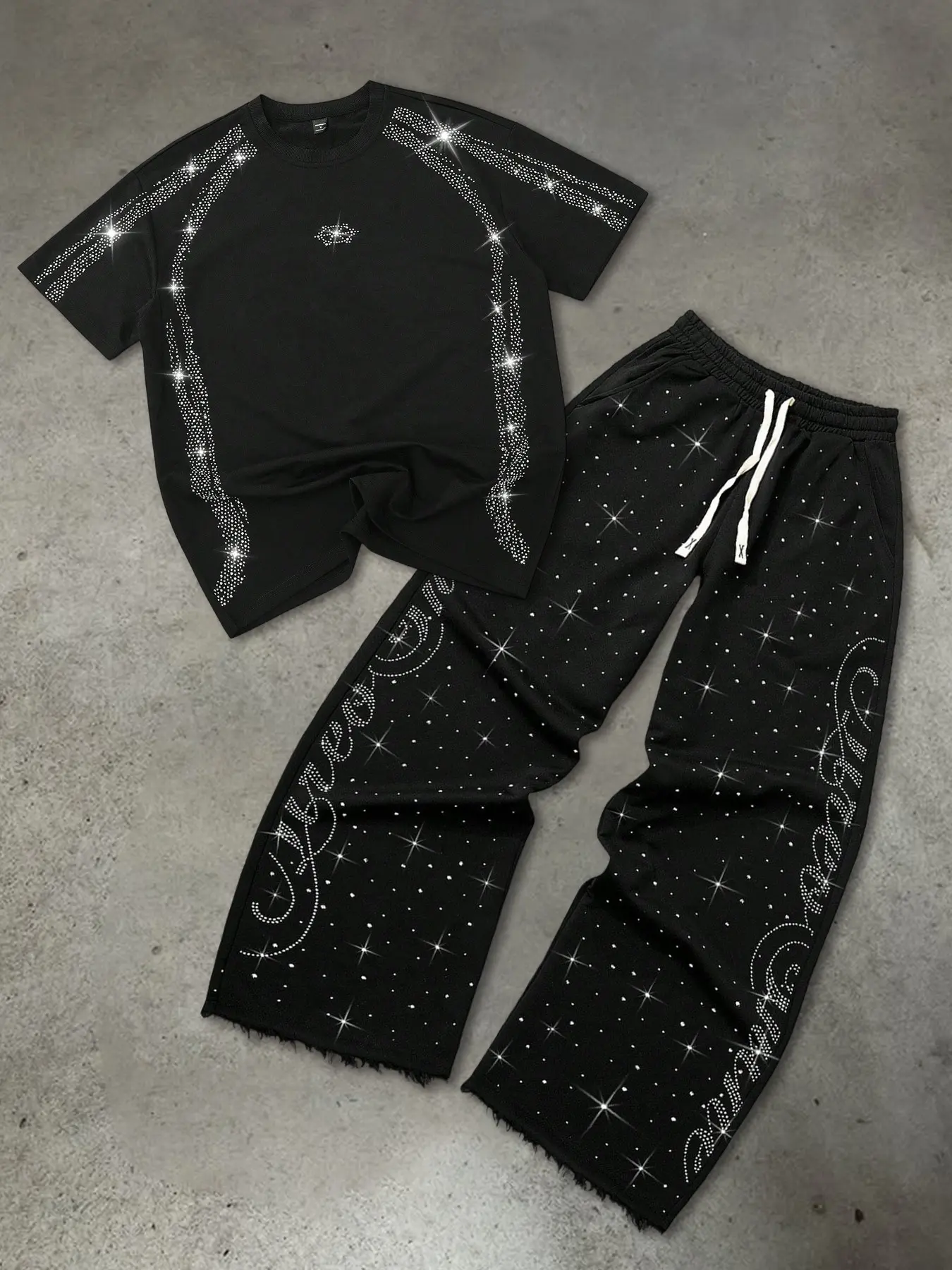 Studded Star Letter Short Sleeve + Wide Leg Pants Set, American Luxury Street Style Casual, Two-Piece Fashion Ensemble