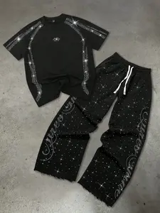 Studded Star Letter Short Sleeve + Wide Leg Pants Set, American Luxury Street Style Casual, Two-Piece Fashion Ensemble