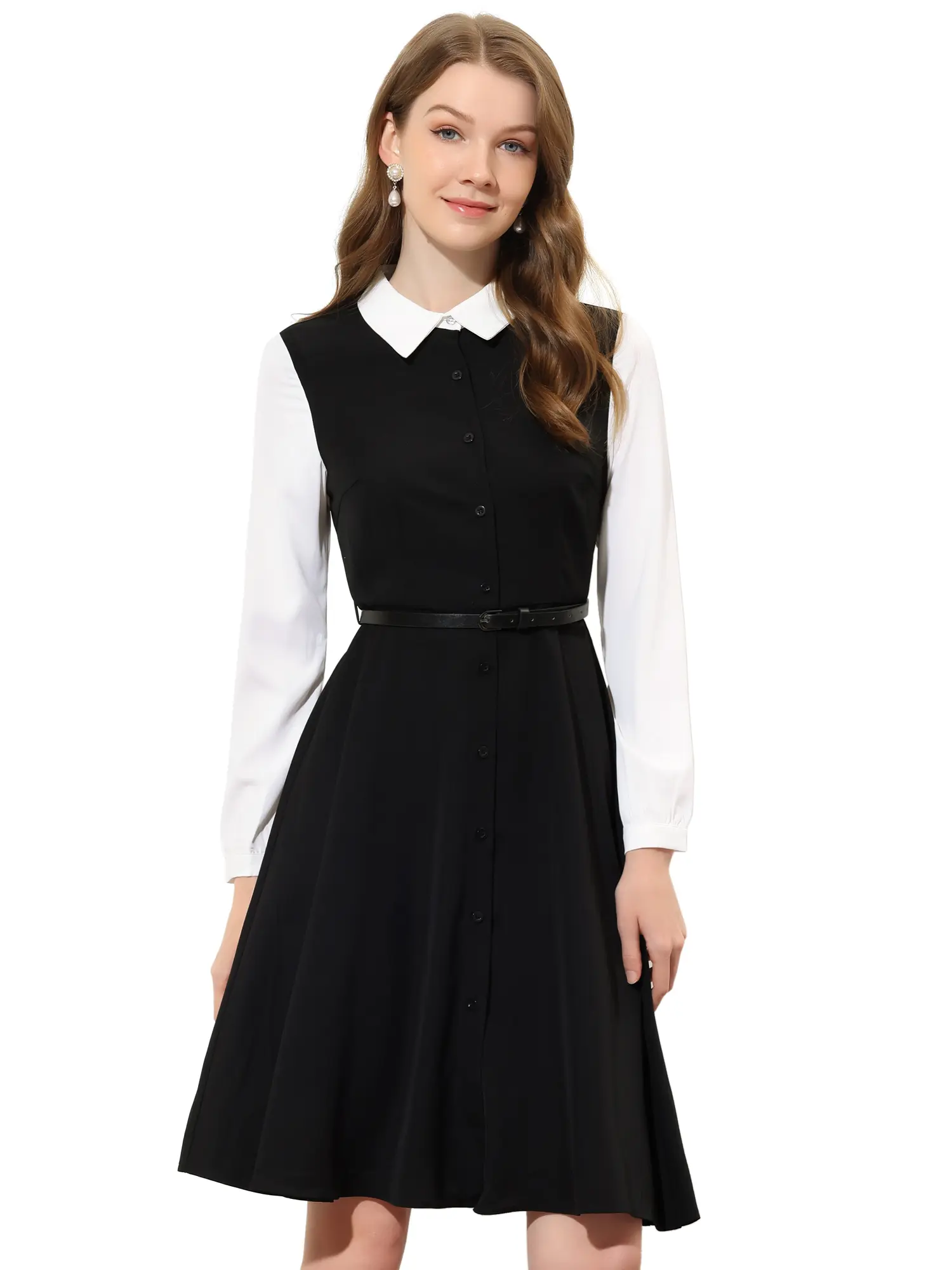 INSPIRE CHIC Women's Long Sleeve Work Dress Button Midi Contrast Collar Dresses