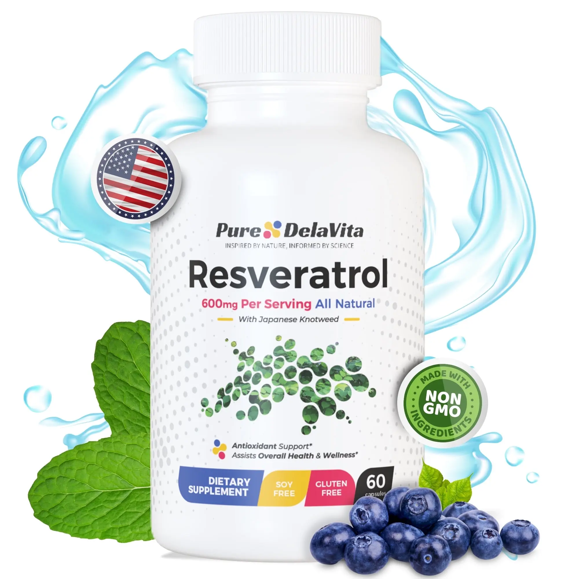Resveratrol Supplement with Antioxidants, Heart & Immune Health 600mg per Serving, 60 Capsules, Japanese Knotweed, Gluten & Soy Free