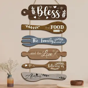 Wooden Kitchen Wall Decor Set, 6 Counts/set Bless The Food Before Us Letter Pattern Wall Hanging Sign, Wall Art for Dining Room, Rustic Kitchen Decor, OrnamentsGift