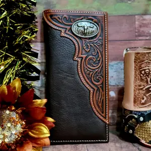 Western wallet Longhorn concho Cowboy wallet long bifold genuine leather with tooled design