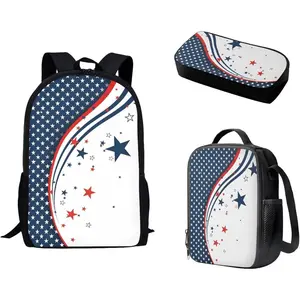 America Flag 3 PCS Backpack with Lunch Box Waterproof Pencil Case 3 in 1 Backpack Set for School Girls Boys Durable Bookbags 17 inch Schoolbag Rucksack for Camping Hiking Travelling