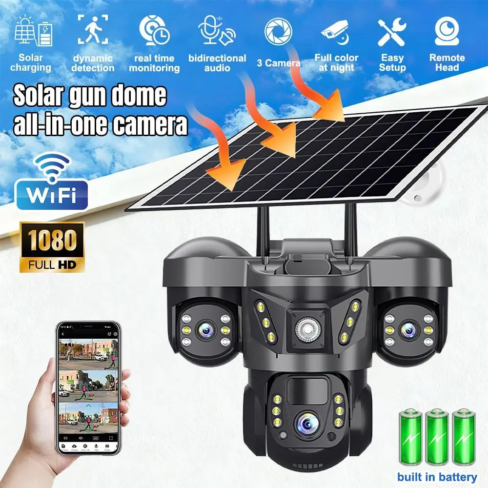 Pannel Solar Wireless Outdoor Security Camera, Triple-Lens, 4K Resolution 6MP 360°Pan/Tilt, WiFi Connect V380 Pro APP Control Camera with Spotlight Alarm PIR Motion Detection Two-Way Audio