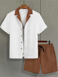 Men's Regular Fit Shirt & Drawstring Waist Shorts Two-piece Set, Casual Short Sleeve Collared Top & Shorts for Summer, Men's Clothes Menswear for Daily Wear Summer Outfits Set