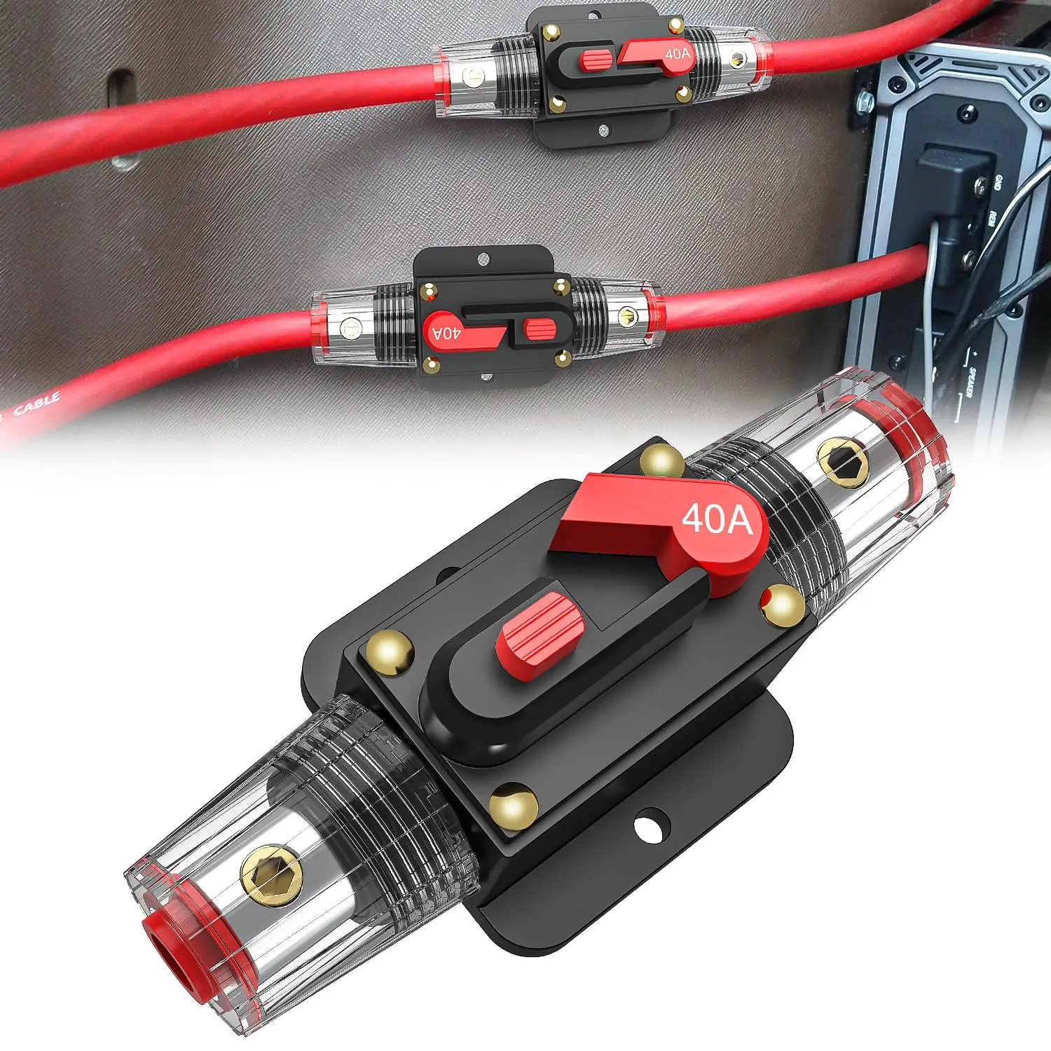 Nilight 40A Inline Circuit Breaker Protector - Resettable 12-24V DC, Manual Reset Button, 3-15 AWG, Alloy Metals, Surface Mount Fuse Holder, Overload Stop, Easy Install/Transport, for Sound Amplifiers, RVs, Battery Charges
