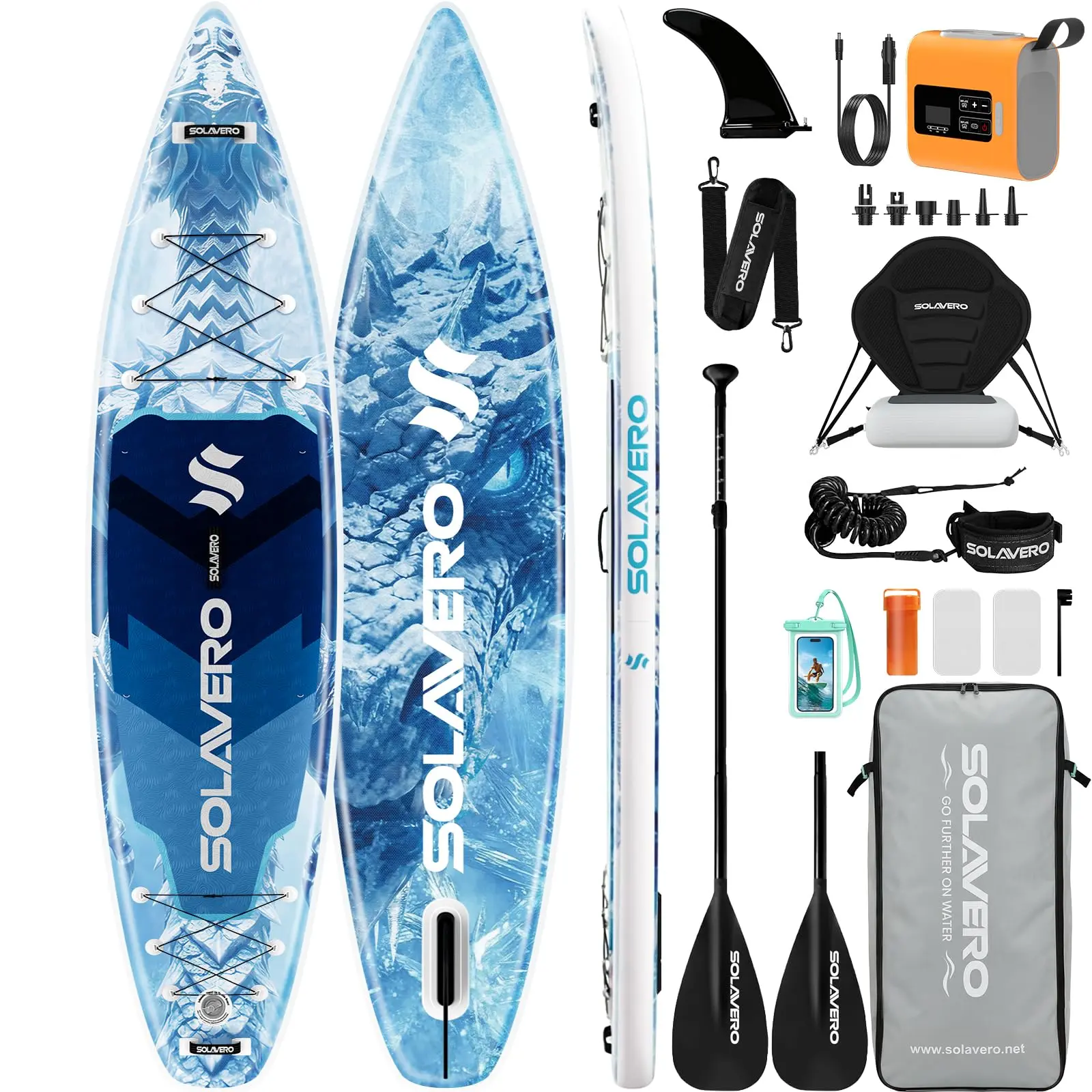 SOLAVERO 12'5"×33" Inflatable Paddle Board - Extra Large SUP with Seat, Premium Accessories, Non-Slip EVA Padding, 600lb Capacity, Reliable Stability, Stable Posture for Adults in Lake, River