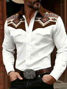 Men's Casual Classic Western Collared Long Sleeve Shirt with Cross Scroll Pattern, Digital Print Design, Perfect for Daily Wear and Parties, Ideal Gift for Holidays