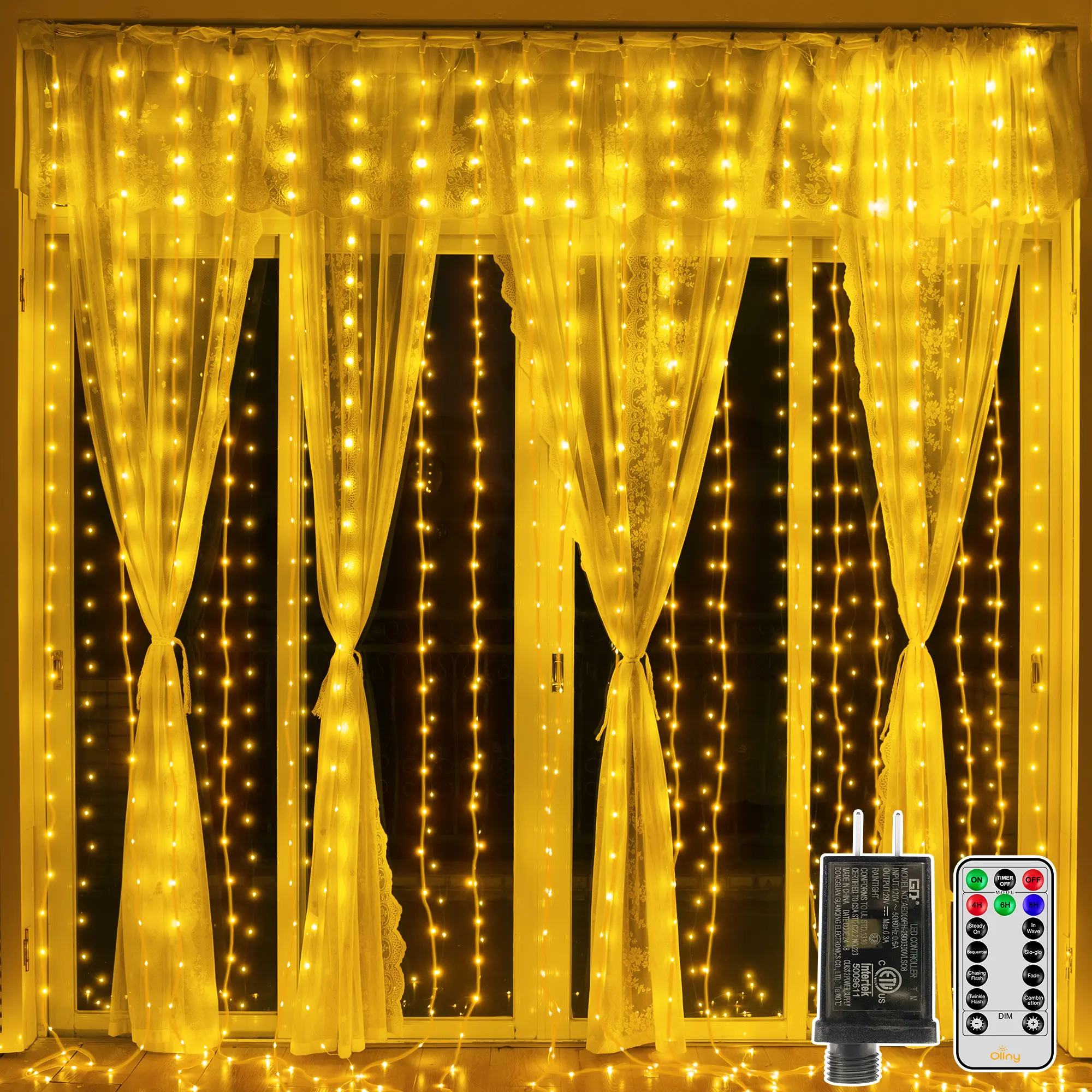 Ollny Curtain Lights 300LED 9.8ftx9.8ft, Connectable IP67 Waterproof Outdoor Curtain String Lights with Remote, Plug-in Untangle Fairy Lights with 8 Modes 3 Timers for Wall Backdrop Decor