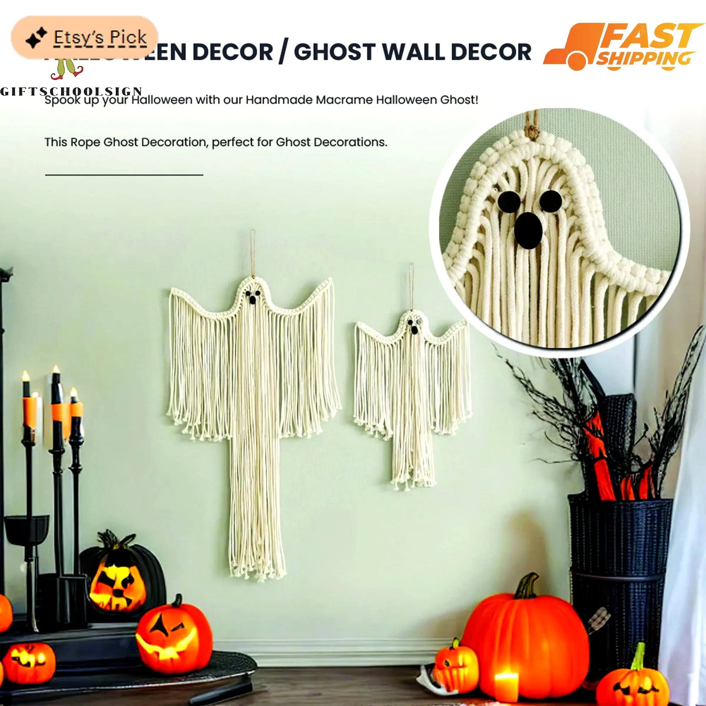 Ghost Wall Hanging, Macrame Gifts, Macrame Ghost, Dark Academia, Spooky Home Decor, Living Room Wall Art, Halloween Ghost Cotton