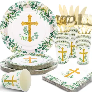 175 PCS Baptism Plates and Napkins Party Supplies - Baptism Decorations for Boys - God Bless Disposable Paper Plate First Communion Plates for Christening Baby Shower Party Decorations